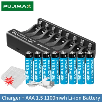 8-Слотное зарядное устройство PUJIMAX с быстрой зарядкой, Полностью Автоматическое Переключение на струйку + Литий-ионный аккумулятор AAA 1,5 В мощностью 1100 МВтч
