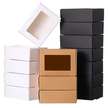 30 шт Мини-коробка из крафт-бумаги с окошком Подарочная упаковочная коробка для мыла, кондитерских конфет (черный, коричневый, белый)