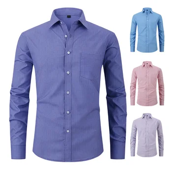 Мужская клетчатая деловая рубашка 2023, осенняя новинка, высококачественная стрейчевая рубашка регулярного кроя, мужская рубашка с длинным рукавом, без морщин, легкая в уходе