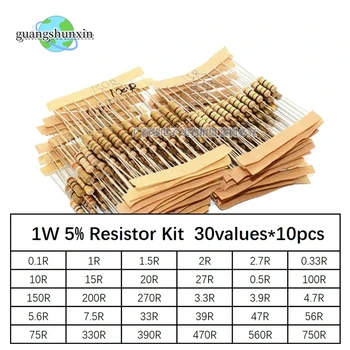 300ШТ Комплект резисторов 1 Вт 5% 30 значений X 10шт Сопротивление углеродной пленки 0,1-750 Ом Комплект 0,1 R - 750R