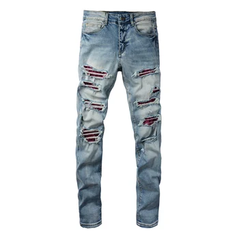 Модные Мужские джинсы AM High Street, узкие брюки в стиле хип-хоп, рваные эластичные брюки-карандаш