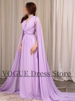 Женские Вечерние платья с Короткими рукавами для Musilm Длиной до пола, Фиолетовое Шифоновое Платье для выпускного вечера с V-образным вырезом, Плиссированное