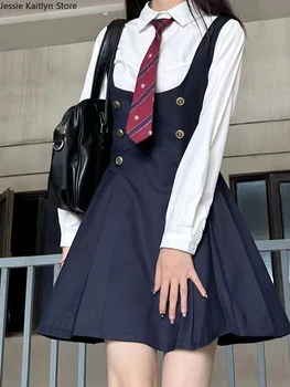 Японская школьная форма Kawaii, Женская Корейская Модная униформа для студентов колледжа JK, Осенняя рубашка с длинным рукавом и платье на бретельках, Новые комплекты