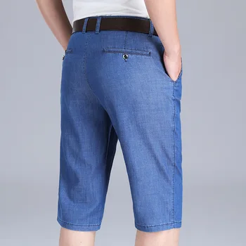Летние Новые Тонкие джинсовые шорты Ice Silk, Мужские прямые Свободные повседневные укороченные брюки большого размера Dad's Tencel