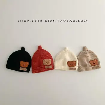 Осень-зима, вязаные шапки для мальчиков и девочек, мягкие утолщающие теплые детские шапочки с милым рисунком Медведя, повседневная шапка, детская кепка, кепка для малышей