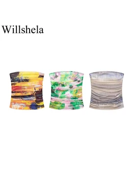 Willshela/ Женские модные укороченные корсетные топы с тюлевым принтом, винтажный женский укороченный топ без бретелек с вырезом лодочкой, Шикарный женский укороченный топ для леди