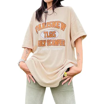Уличная мода, Летний топ, Женская хлопковая Свободная футболка абрикосового цвета С буквенным принтом, Короткий рукав с круглым вырезом, Топы в стиле Y2k для девочек