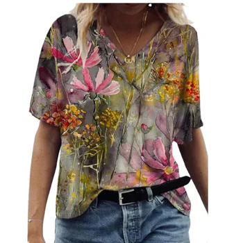Летняя мода Подсолнух с 3D-принтом Модная универсальная футболка в стиле ретро для женщин, увеличенный Свободный повседневный V-образный вырез Y2K