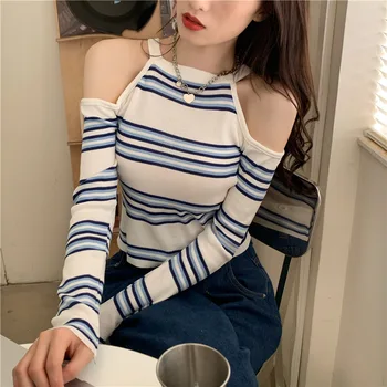 Корейская футболка с открытыми плечами Spicy Girl, трикотажная рубашка в контрастную полоску, короткие футболки в стиле ретро, облегающие женские футболки.