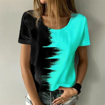 Летняя женская футболка с абстрактной 3D-печатью, футболка с цветным блоком, базовые топы с круглым вырезом, Свободная рубашка, Модный пуловер