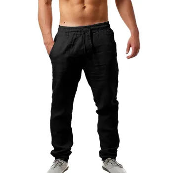 Мужские эластичные брюки, однотонные дышащие хлопчатобумажные льняные Свободные повседневные брюки, стрейчевые брюки-чиносы для мужчин, мужские льняные брюки