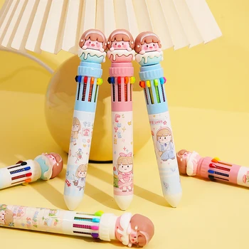 Шариковая ручка с милыми мультяшными девочками Kawaii 10 цветов, Разноцветные чернила, Гелевые ручки 0,5 мм, пресс-ручка, Подарки для детей, Корейские Канцелярские принадлежности
