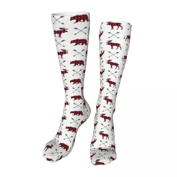 Новые носки до щиколотки в красную клетку с изображением лося и оленя, носки унисекс до середины икры, толстые вязаные мягкие повседневные носки