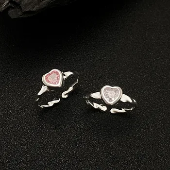 Новые модные кольца с сердечками из настоящего стерлингового серебра 925 пробы для женщин, Изысканные ювелирные изделия, женское кольцо с любовью, Белое кольцо с розовым кристаллом, Аксессуары S925