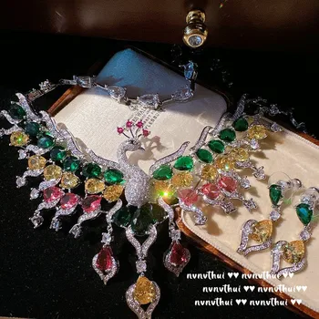 Роскошный набор ювелирных изделий из серебра 925 пробы, Сверкающий Циркон, Элегантное Разноцветное ожерелье с павлином, Серьги, Женский набор украшений для свадебного банкета