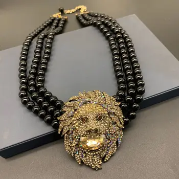 Винтажная роскошная личность высокого класса, красивый лев, многослойное черное ожерелье, серьги, цепочка на ключицу со стразами, голова льва