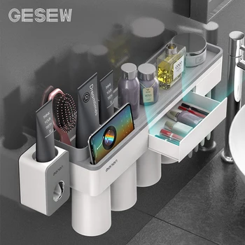 GESEW, магнитный адсорбционный держатель для зубных щеток, чехол с 4 чашками, домашний стеллаж для хранения ванной комнаты, настенные аксессуары для ванной комнаты