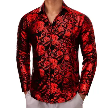 Роскошные мужские рубашки с длинным рукавом, шелковые, красные, черные, в цветочек, облегающие мужские блузки, повседневные топы, дышащая уличная одежда Barry Wang