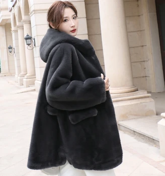 Зимняя теплая шуба из искусственного меха норки, женское повседневное модное пальто, свободная шуба с капюшоном