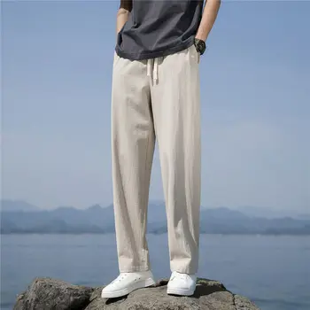 Мягкие льняные модные повседневные брюки Летние мужские брюки Хлопчатобумажные Тонкие однотонные Дышащие Свободные прямые брюки Уличная одежда