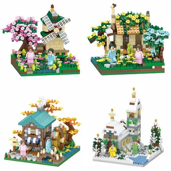 Строительные блоки с сезонным пейзажем, Ветряная мельница Сакура, игрушки-модели зимнего замка, Игрушки-головоломки для украшения летом и осенью для детей и взрослых