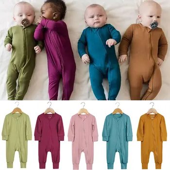 Бамбуковое волокно, детский комбинезон на молнии для ног, одежда для мальчиков и девочек, комбинезон для новорожденных, однотонная детская пижама с длинными рукавами, 0-24 месяца