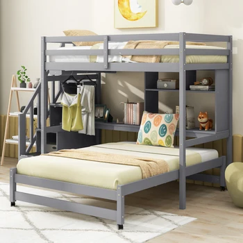 Двухместная двухъярусная кровать, детская кровать, Многофункциональная двухъярусная кровать с лестницей для хранения, письменным столом, полками и вешалкой для одежды, серая
