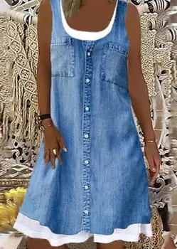 Женские платья 2023, летнее модное джинсовое повседневное мини-платье трапециевидной формы без рукавов с принтом и круглым вырезом на пуговицах на каждый день