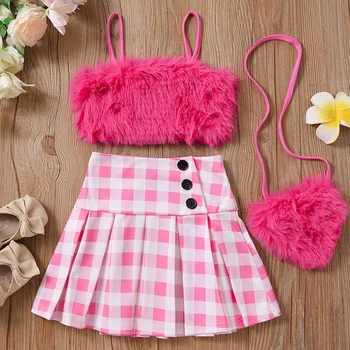 Комплект одежды из розовой искусственной кожи Barbie для новорожденных девочек + юбка в клетку + сумка с сердечком для влюбленных, модная детская одежда ярко-розового цвета