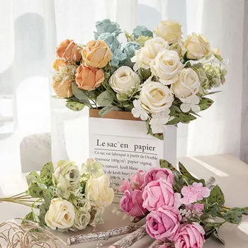 Роза с 6 головками, большой букет из искусственного шелка, Цветок, сделанный своими руками, Букет цветов для свадебной вечеринки, Декор стола в гостиной, искусственные цветы