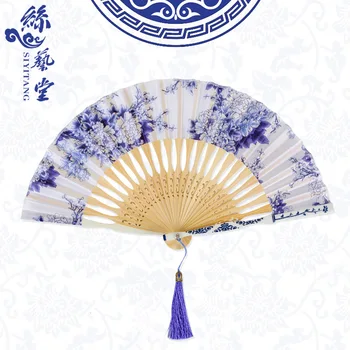 Женский портативный вентилятор в китайском стиле, складной вентилятор в античном стиле, сине-белый фарфор, ручная кладь для древнего костюма Hanfu