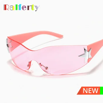 Детские солнцезащитные очки без оправы 2023, Модные детские Солнцезащитные очки для улицы, Трендовые дизайнерские Интегрированные УФ-очки Pink Girl Star, Окуляры