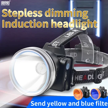 Мощная светодиодная фара Перезаряжаемый Бесступенчатый головной фонарик с регулируемой яркостью, встроенный аккумулятор Наружный фонарик для кемпинга, пеших прогулок