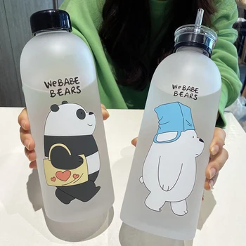 1000 мл чашка с милым мишкой пандой Пластиковая прозрачная матовая мультяшная посуда для напитков, бутылка для воды с соломинкой, герметичные стаканчики
