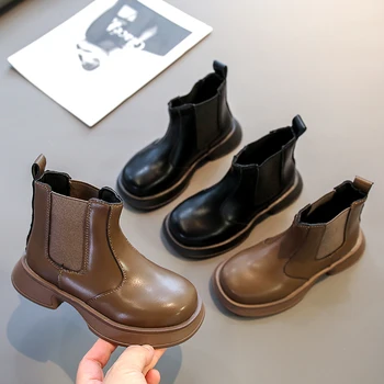 2023 г., Короткие Ботинки для девочек, Универсальные Черные Ботинки цвета Хаки, Крутые Детские Модные Повседневные ботинки в Британском стиле, Нескользящие Детские ботинки 