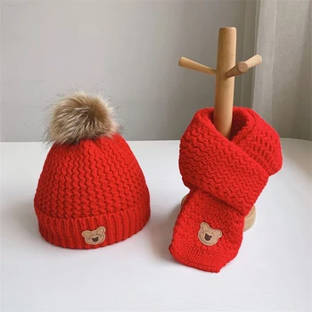 Осенне-зимние Шапки и шарф от 0 до 6 лет Для новорожденных, акриловая шапочка с вышивкой Милого Медведя, Теплые детские вязаные шапки для мальчиков и девочек, 2 шт.