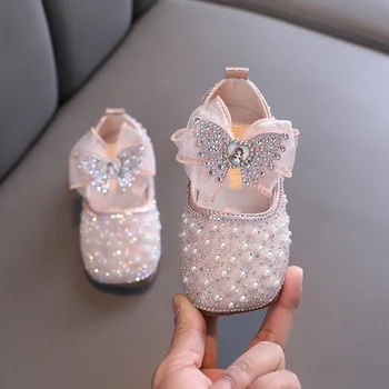 Маленькие Кожаные туфли с блестками Для девочек, Летние Босоножки принцессы Со стразами и бантом, Модные Детские Свадебные Мягкие Сандалии на плоской подошве 21-36