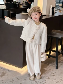 Осенняя модная куртка HoneyCherry для девочек, короткая Корейская однотонная кружевная куртка сбоку, верхнее пальто для девочек