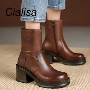 Cialisa / Женские ботильоны из высококачественной натуральной кожи, Винтажная осенне-зимняя обувь с круглым носком, женские короткие ботинки на платформе и высоком каблуке.
