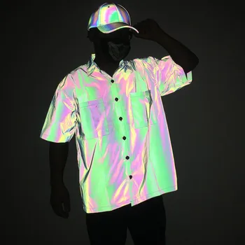 Мужская голографическая мужская геометрическая Мужская рубашка с коротким рукавом Уличная хип-хоп панк Блузка Повседневная Радужная светоотражающая одежда
